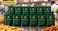 Illustrative preview of Beyond Oil Filter Powder Starter 12 Bags, showing twelve green 250 g pouches in a commercial kitchen. Verify actual packed contents before launch.